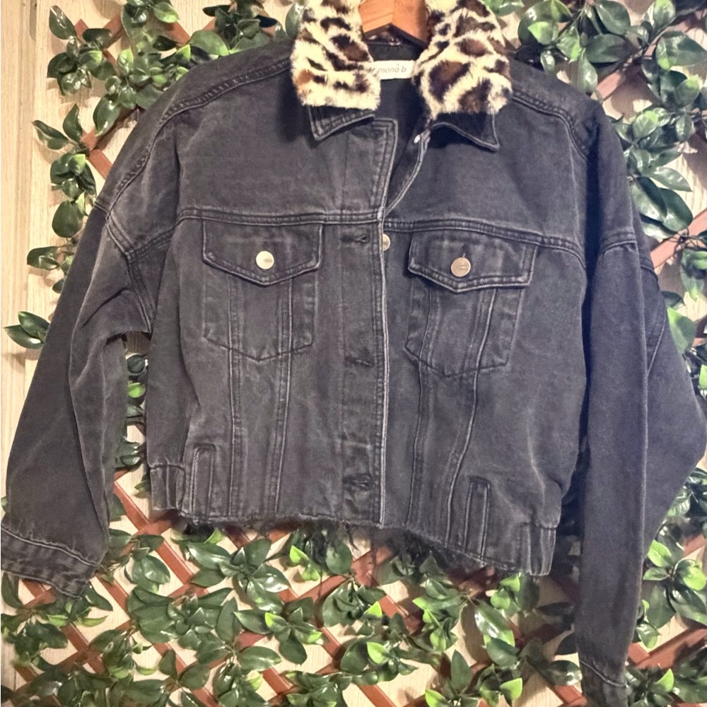 Mono B Black Denim Jacket with Leopard Print Faux Fur  Collar